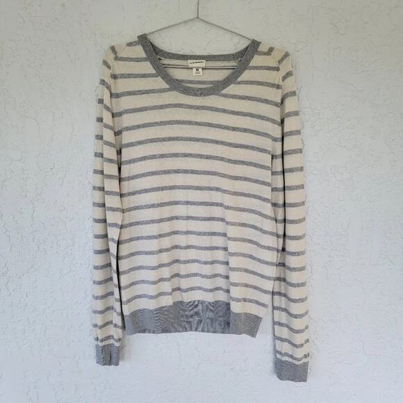 Club Monaco Pullover Striped Sweater Ivory Gray Long Sleeve Womens M Cotton Silk - Picture 1 of 9